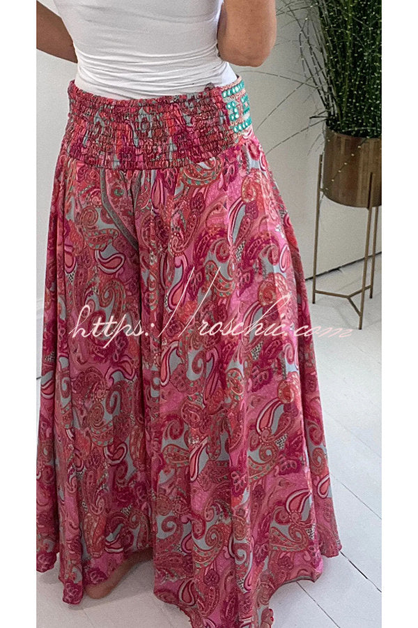 Ethnic Paisley Print Elastic Patchwork Waist Pocketed Lightweight Pants