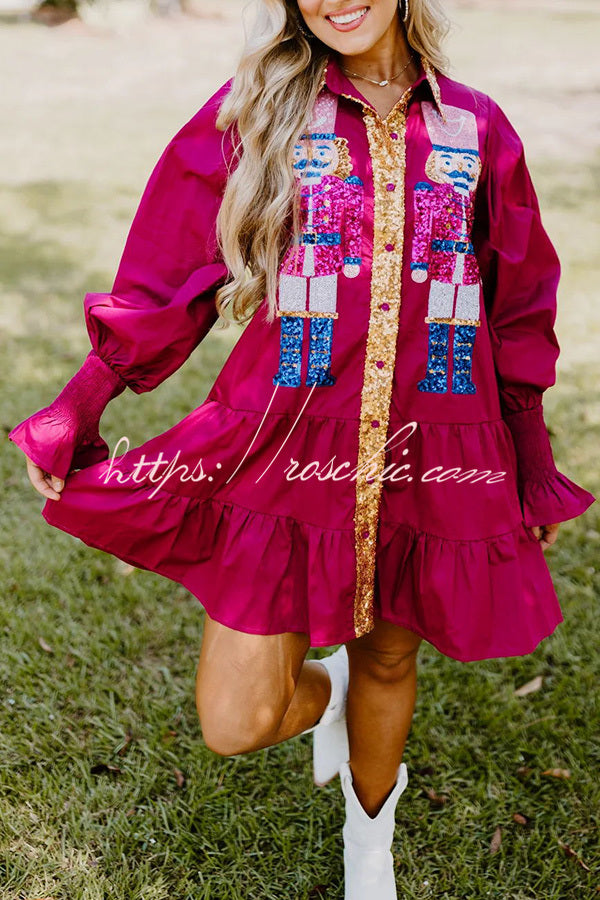 Nutcracker Sequined Button Down Long Sleeve Mini Dress