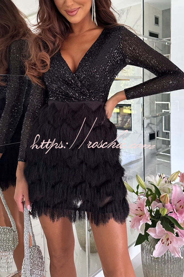 Spinning on The Dance Floor Sequin Patchwork Tiered Fringe Mini Dress