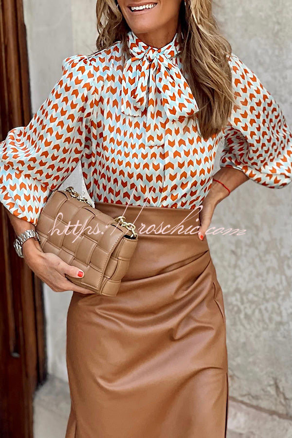 Ivanna Geometric Print Tie Puff Sleeve Blouse