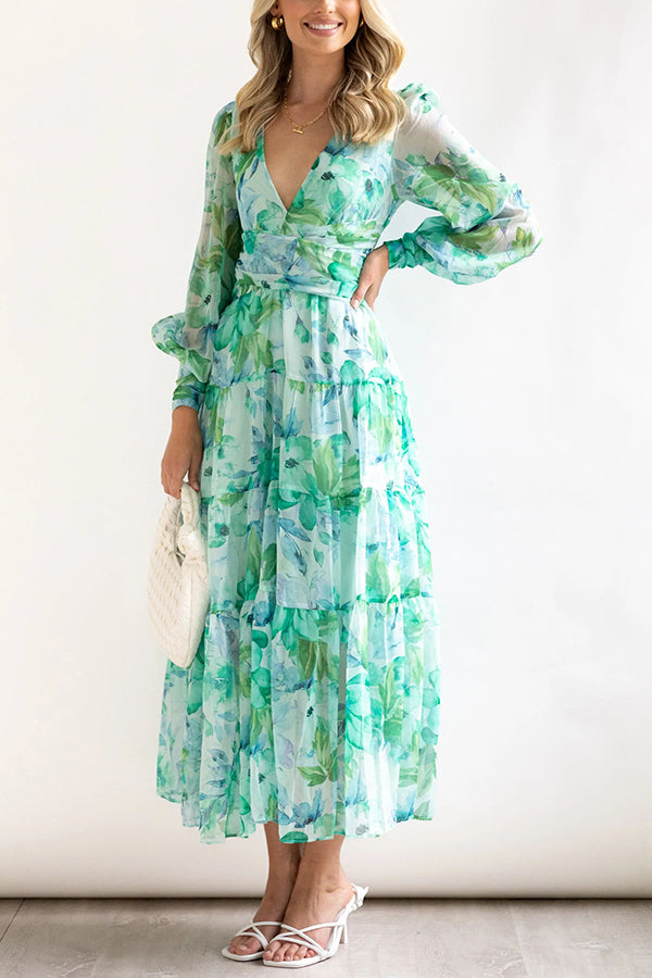 Olena Abstract Floral Balloon Sleeves Maxi Dress (The back is stretchy)