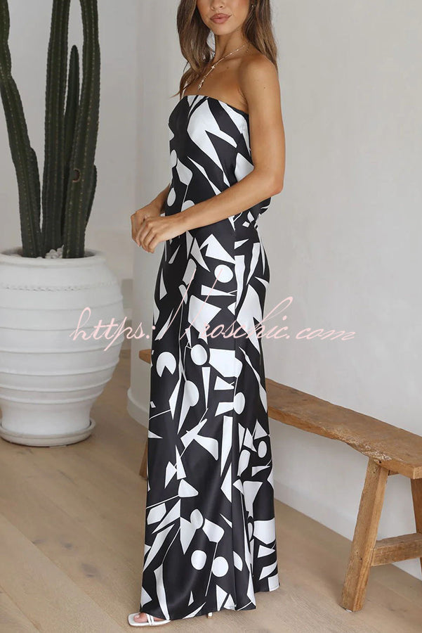 Cassy Satin Geometric Print Off Shoulder Maxi Dress