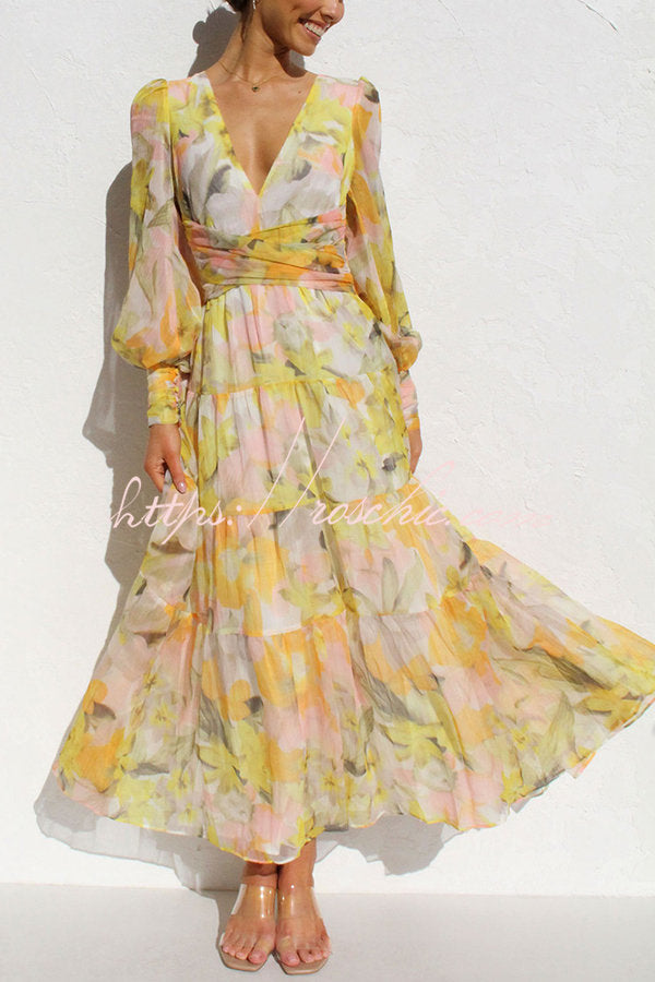 Olena Abstract Floral Balloon Sleeves Maxi Dress (The back is stretchy)