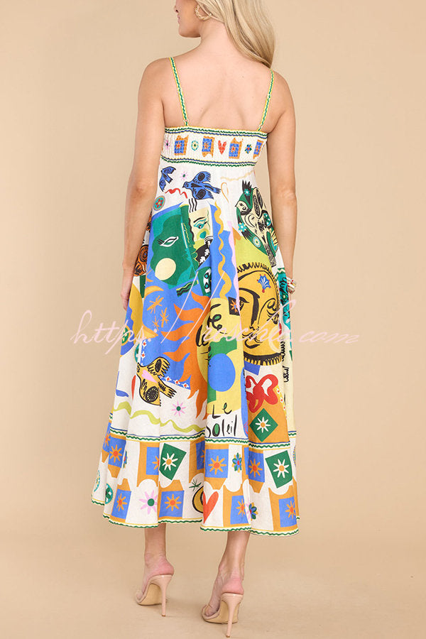 Joyful Glow Goddess Linen Blend Unique Print Pocketed Smocked Back Midi Dress