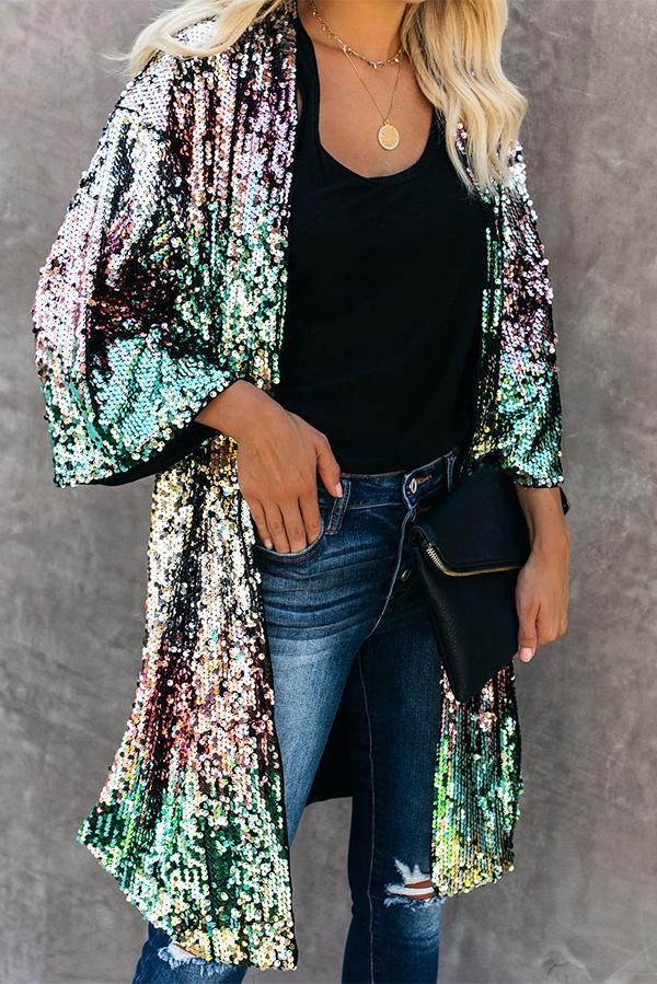 Colorful Sequins Three-quarter Sleeve Buttonless Jacket