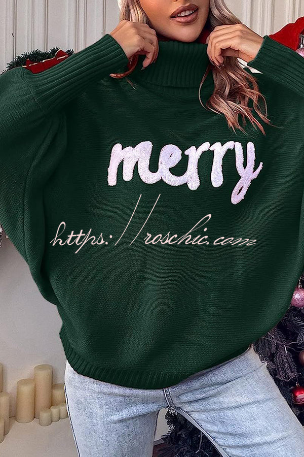 Happy Holidays Contrast Love Letter Turtle Neck Bat Sleeve Sweater