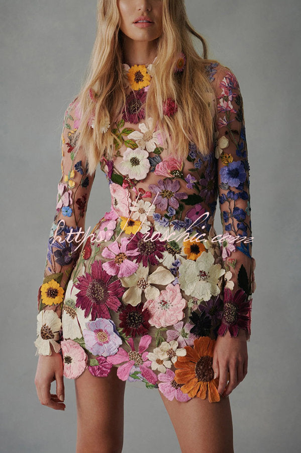 Elegantly Enchanted Floral Applique Backless Long Sleeve Mini Dress