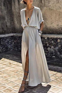 Deep V-neck Solid Color Mid-sleeve Large Swing Skirt Split Long Dress