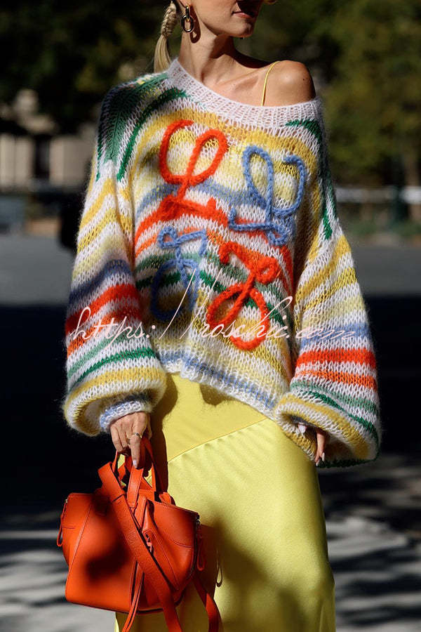 Sunset Cosy Knit Rainbow Contrast Striped Hollow Out Loose Sweater