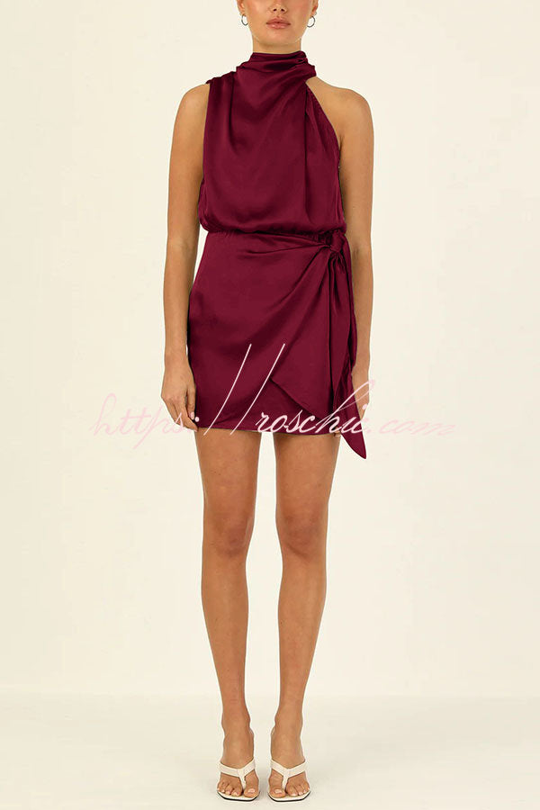 Hollywood Dreams Satin High Neck Wrap Mini Dress