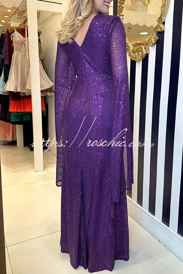 Shine Brighter Sequin Cape Sleeve Cross Waist Evening Maxi Dress