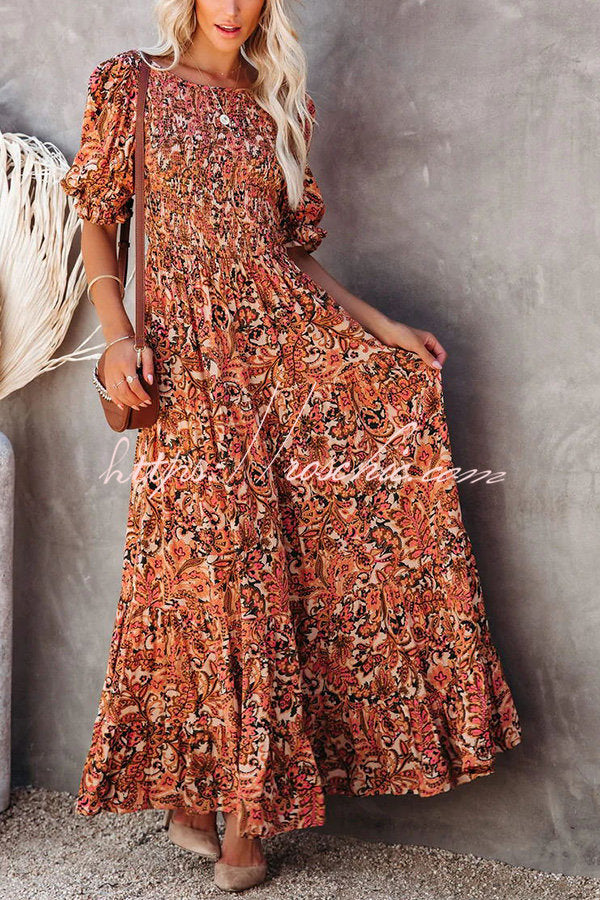 Autumn Grace Smocked Paisley Maxi Dress