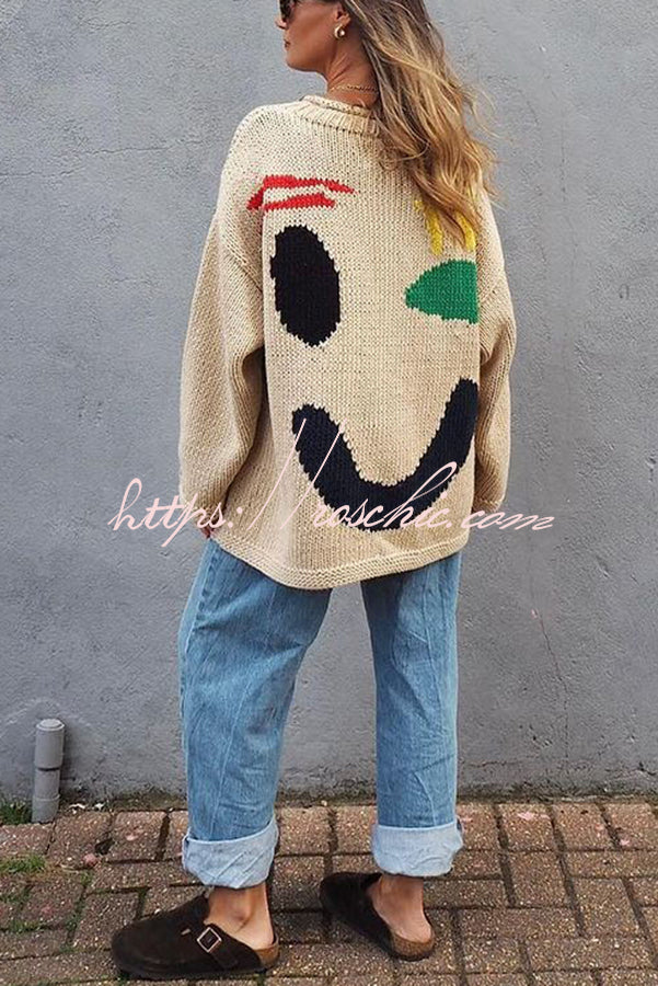 Feel Good Knit Colorful Smiley Face Loose Pullover Sweater