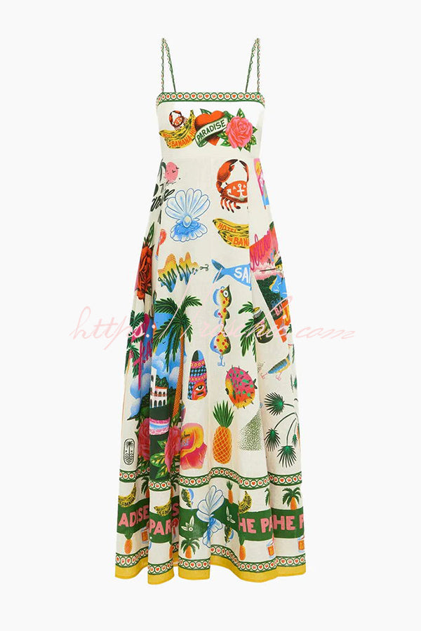 Holiday Paradise Linen Blend Unique Print Smocked Back Pocket Maxi Dress