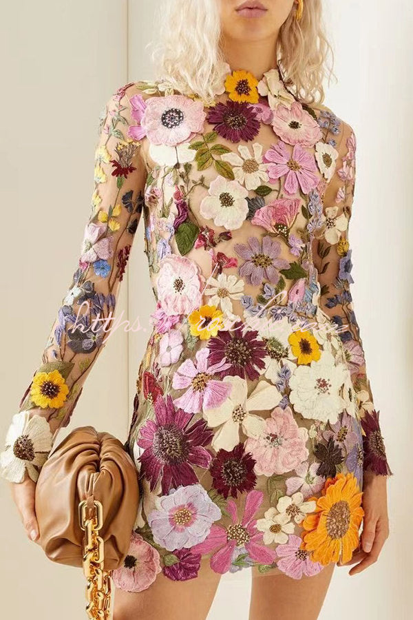 Elegantly Enchanted Floral Applique Backless Long Sleeve Mini Dress –  roschic