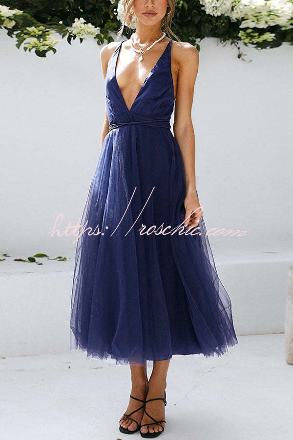 Feeling Romantic V Neck Tulle Midi Dress