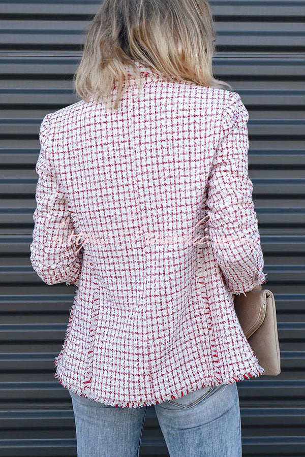 Out In NYC Tweed Plaid Double Breasted Blazer