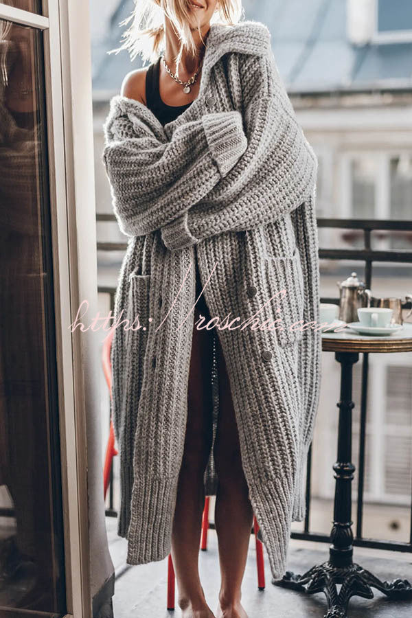 Chunky and Warm Knit Button Pocketed Oversized Midi Cardigan