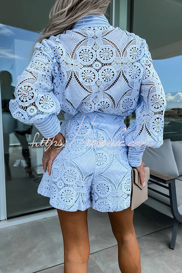 Radiant Blessings Eyelet Crochet Lace Blouse and Shorts Set