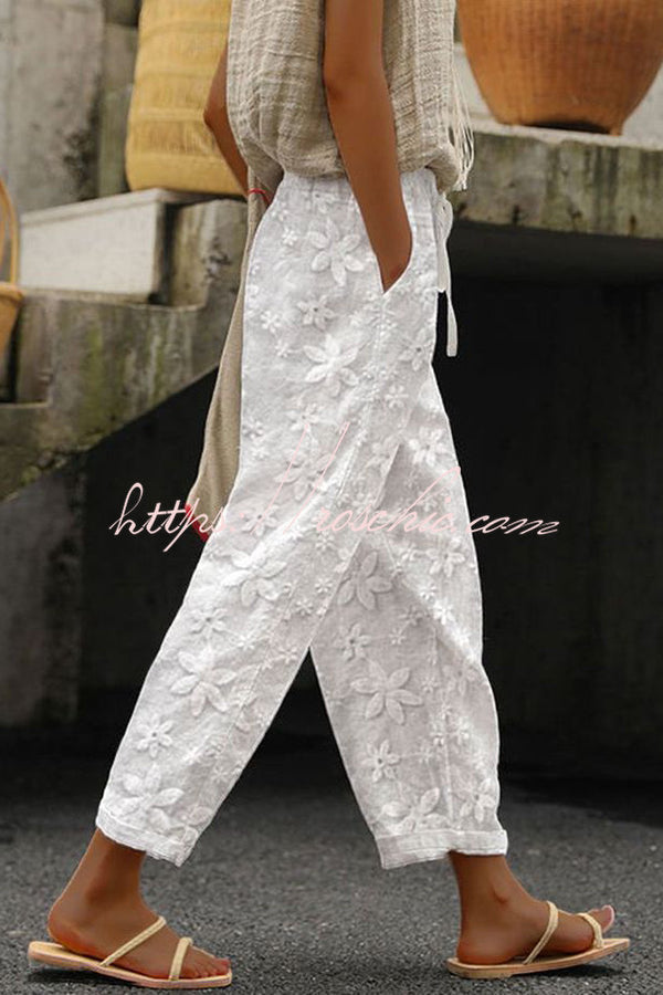 Wishing for It  Cotton Linen Patchwork Flower Elastic Waist Pocketed Pants