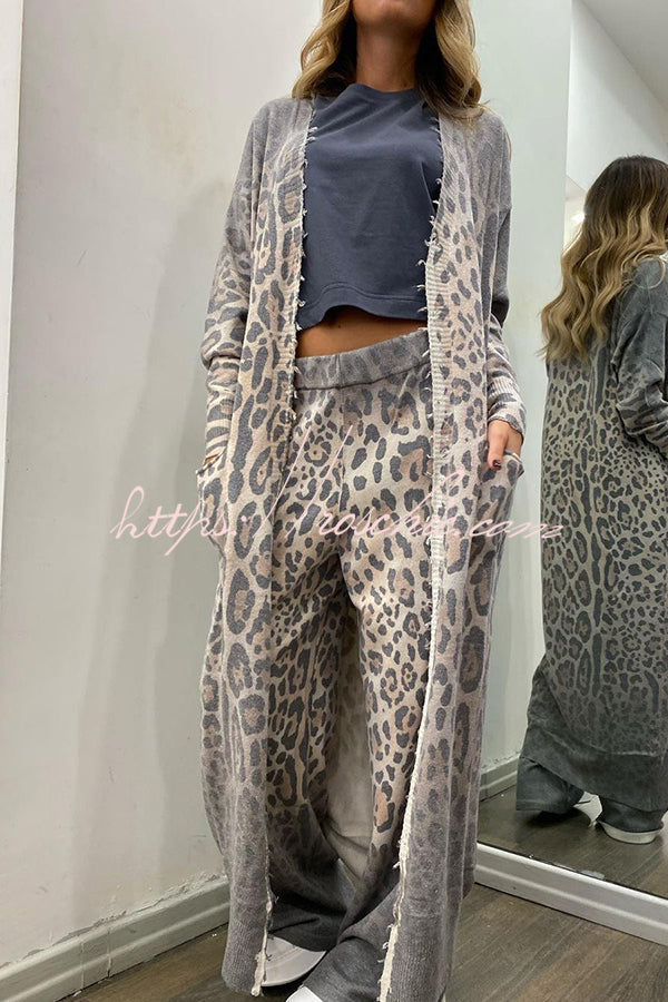 Comfort first Leopard Print Pocket Long Sleeve Cardigan Elastic Waist Pants Set