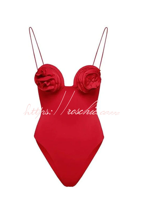 Three Dimensional Floral Suspender Pleated One Piece Swimsuit Set