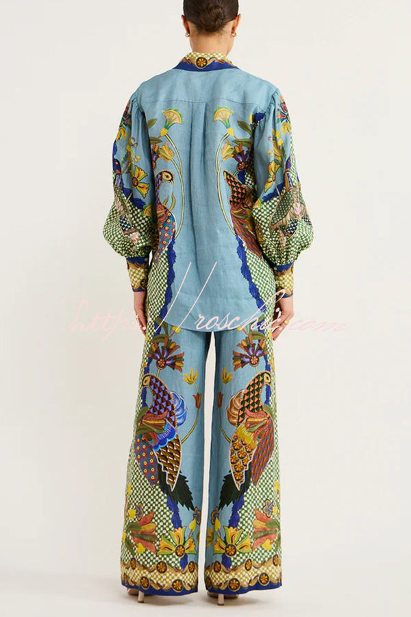 Smyrna Unique Heaven Bird Print Elastic Waist Pocketed Wide Leg Pants