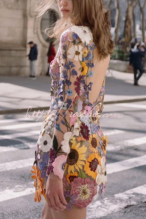 Elegantly Enchanted Floral Applique Backless Long Sleeve Mini Dress Black / XL Elegantly Enchanted Floral Applique Backless Long Sleeve Mini Dress Black / XL