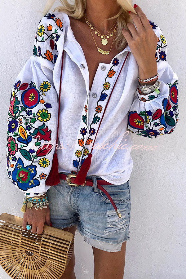 Floral Market Printed Tassel Puff Long Sleeve Blouse