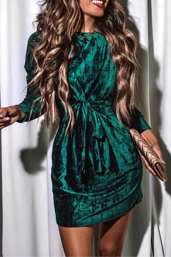 Christmas Tie Waist Velvet Round Neck Long Sleeve Holiday Dress