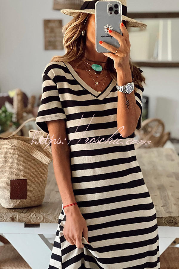 Brilliant Basics Stripe V Neck Casual Midi Dress