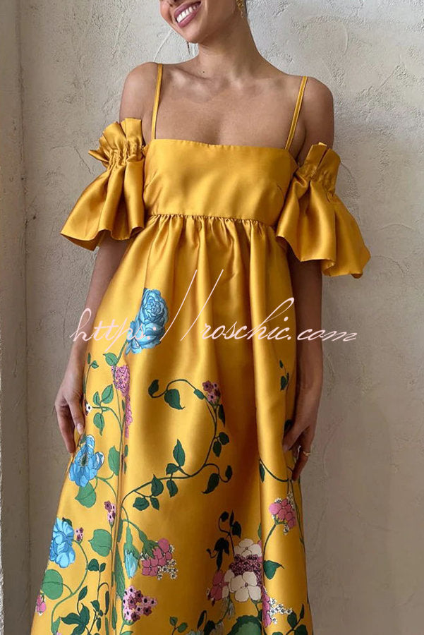 Sweetest Marigold Printed Gathered Sleeve Pocketed A-line Midi Dress