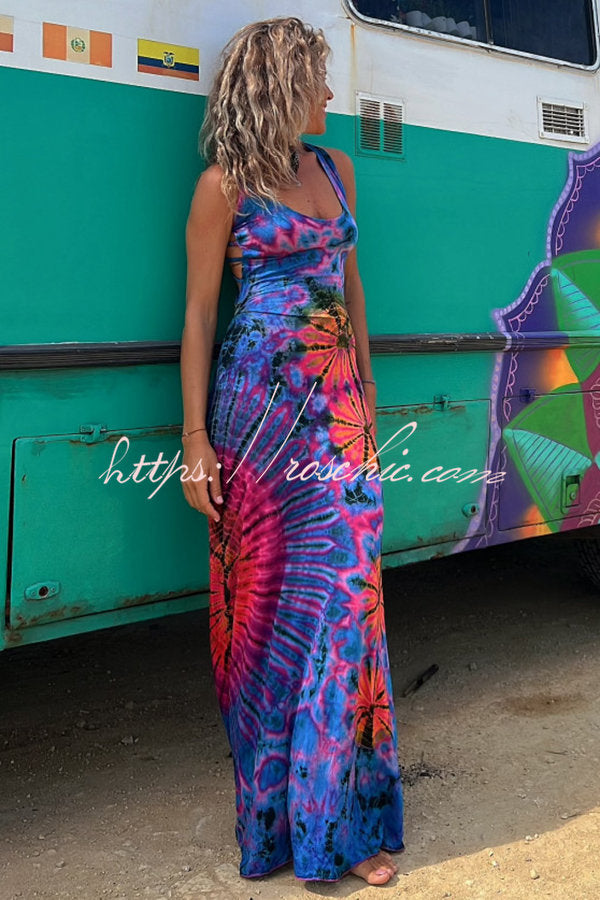 La Bamba Tie-dye Print Back Lace-up Stretch Maxi Dress