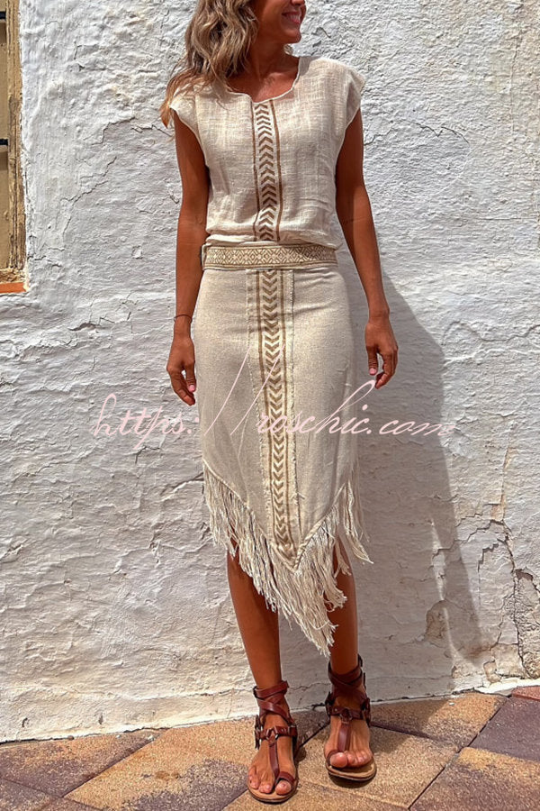 Chill Style Linen Blend Ethnic Print Wrap Tassel Midi Skirt