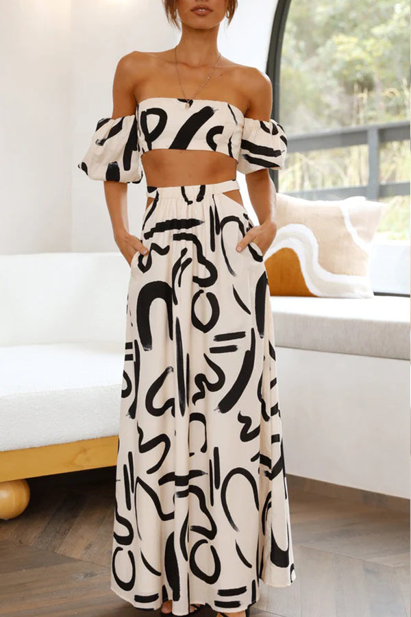 Allegra Doodle Printed Off Shoulder Crop Top and Pocketed Cutout Maxi Skirt Set