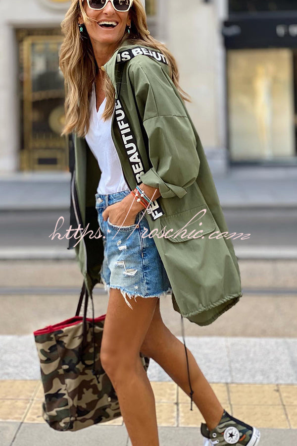 Chic By Design Letters Print Loose Hooded Coat