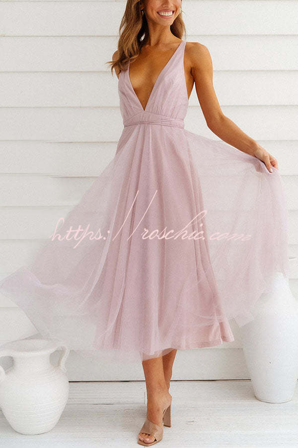 Feeling Romantic V Neck Tulle Midi Dress