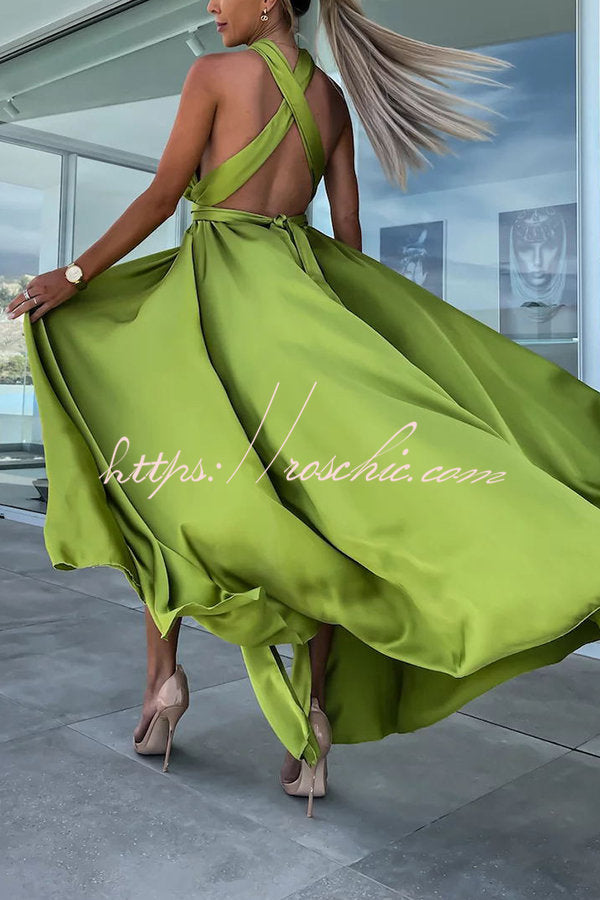 Different Elegant Effects Satin Free Tie Neck Slit Maxi Dress