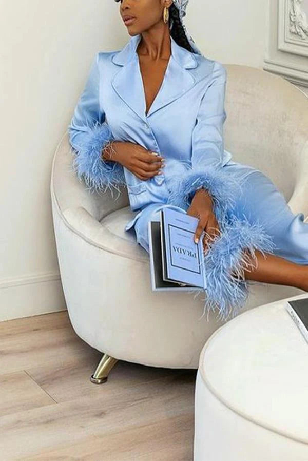 Solid Color Lapel Feather Trousers Two-piece Suit