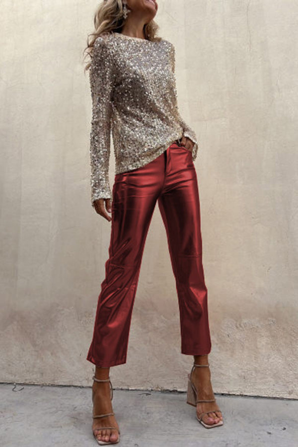 Sinclair Metallic Faux Leather High Rise Pocketed Straight Pants(Shipped Within 24 Hours)