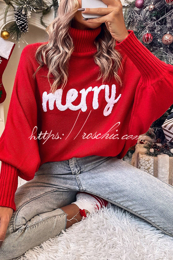 Happy Holidays Contrast Love Letter Turtle Neck Bat Sleeve Sweater