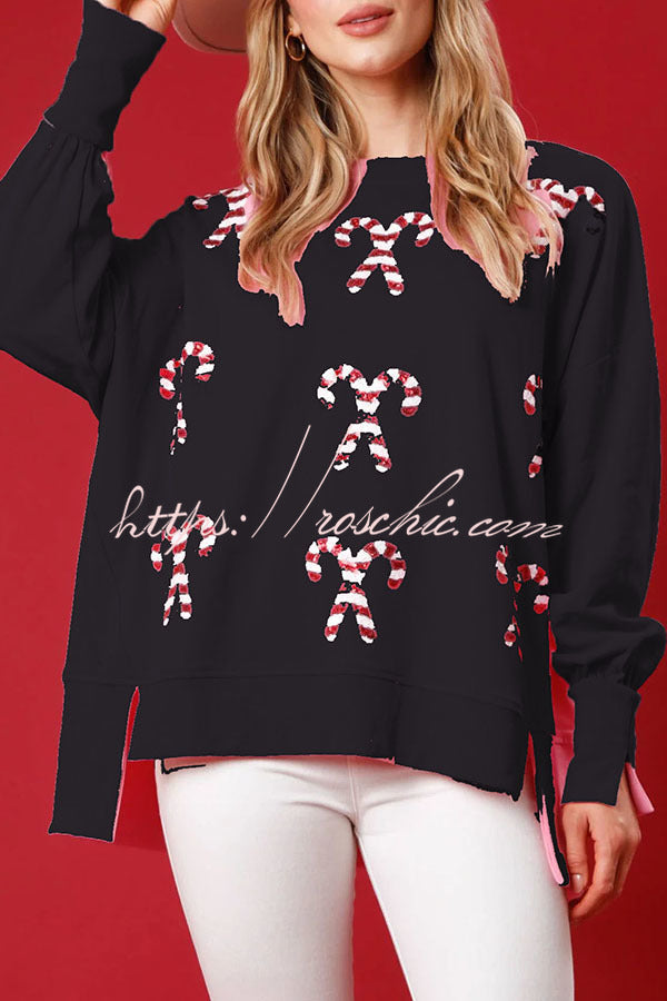 Sequined Candy Cane Crew Neck Pullover Sweatshirt