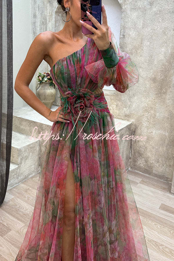 Picturesque Beauty Tulle Floral Pleated One Shoulder Sleeve Slit Maxi Dress