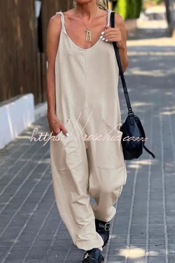 Relaxing Bay Solid Color Pocketed Casual Beach Jumpsuit