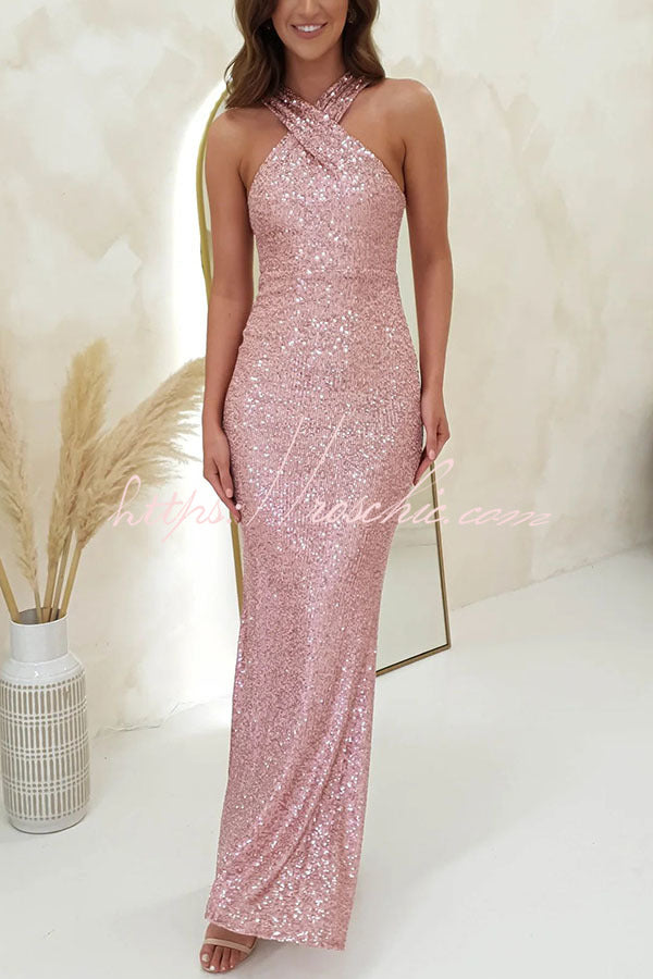 Time To Sparkle Sequin Cross Halter Neck Backless Maxi Dress