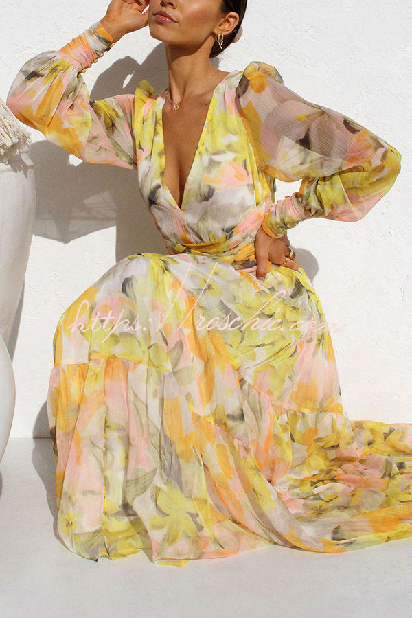 Olena Abstract Floral Balloon Sleeves Maxi Dress (The back is stretchy)