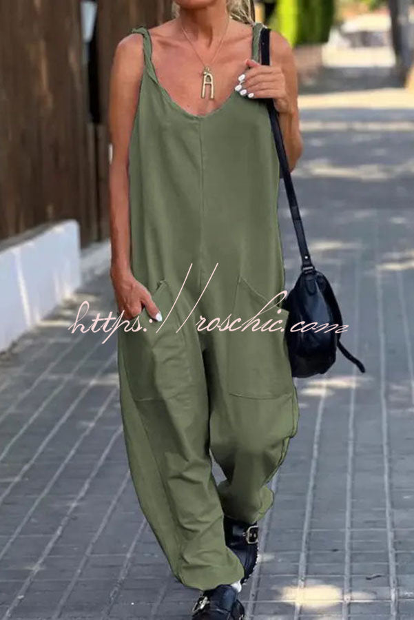 Relaxing Bay Solid Color Pocketed Casual Beach Jumpsuit