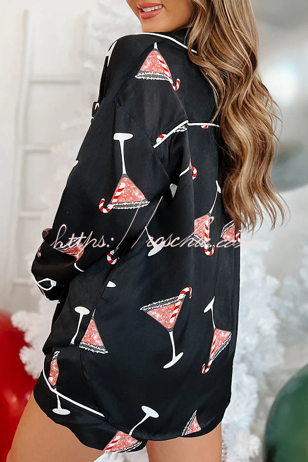 New Year's Eve Fun Ornament Printed Elastic Waist Pocket Pajama Shorts Set