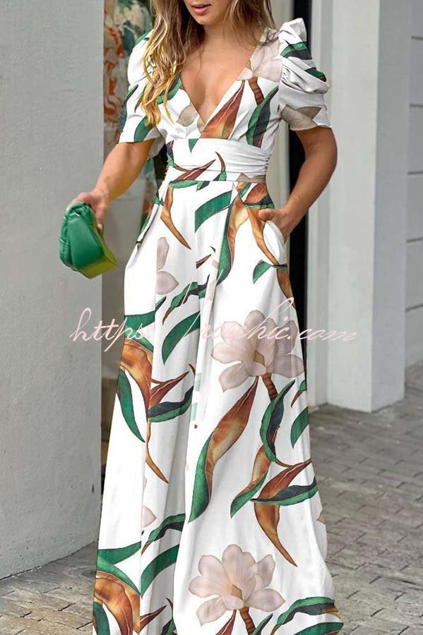 Milly Printed Puff Sleeve Pocketed Wide Leg Jumpsuit