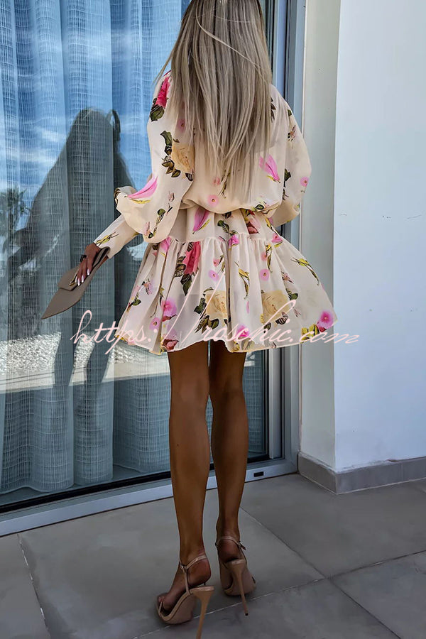 Sunset and Dreams Floral Print Subtle Tuck Lantern Sleeve Belt Mini Dress